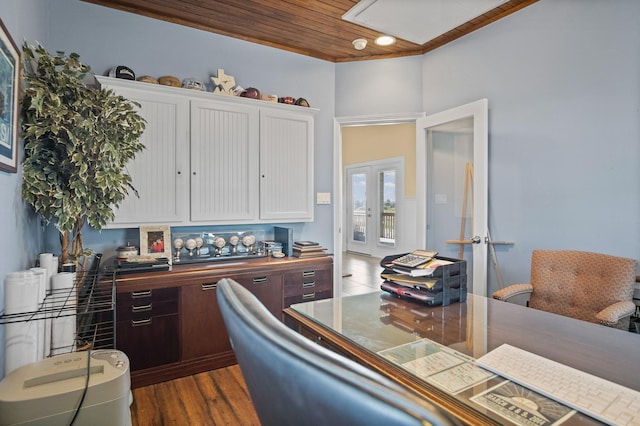 office area featuring dark hardwood / wood-style flooring, wood ceiling, and french doors