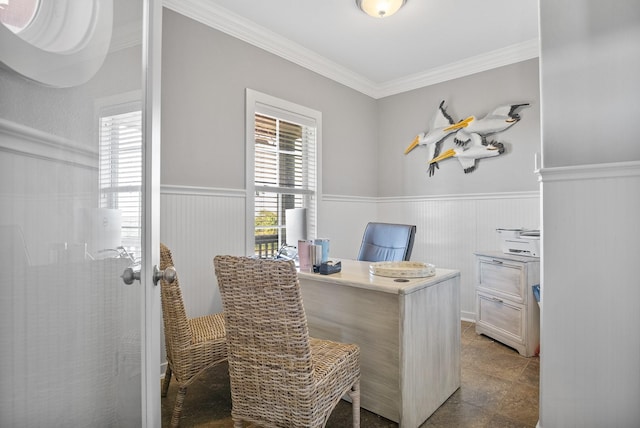 home office with crown molding