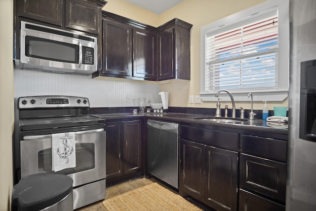 kitchen featuring appliances with stainless steel finishes, sink, and dark brown cabinets