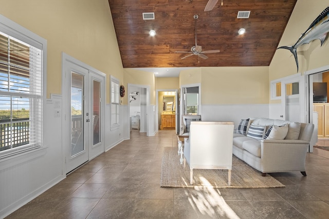 living room featuring french doors, ceiling fan, high vaulted ceiling, and wooden ceiling