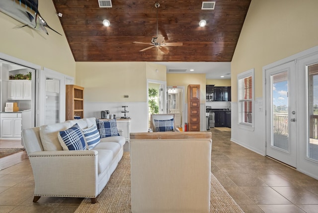 living room featuring high vaulted ceiling, wooden ceiling, french doors, and ceiling fan