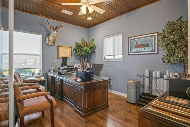 office featuring crown molding, hardwood / wood-style flooring, wooden ceiling, and ceiling fan