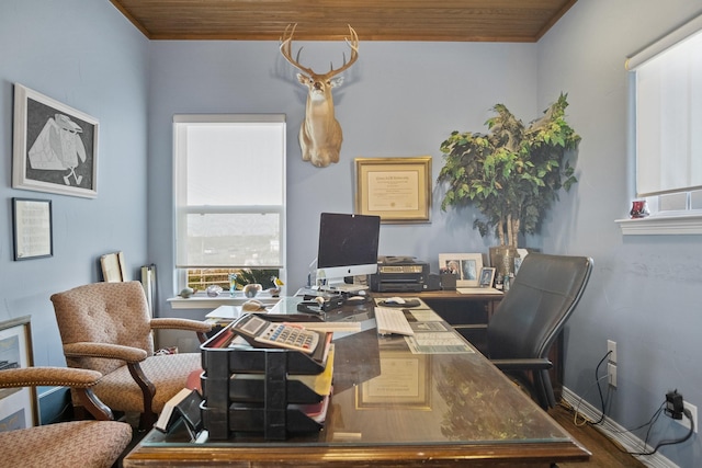 home office with wood ceiling and hardwood / wood-style flooring