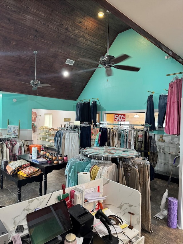 miscellaneous room featuring lofted ceiling, wooden ceiling, and ceiling fan