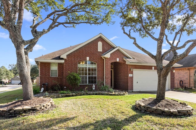 single story home with a garage and a front yard