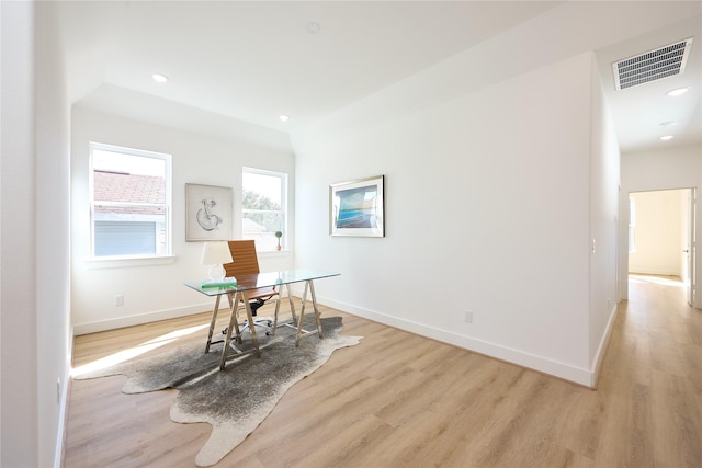 office space featuring light hardwood / wood-style floors