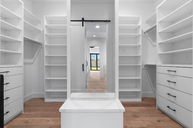 walk in closet with a barn door and light wood-type flooring