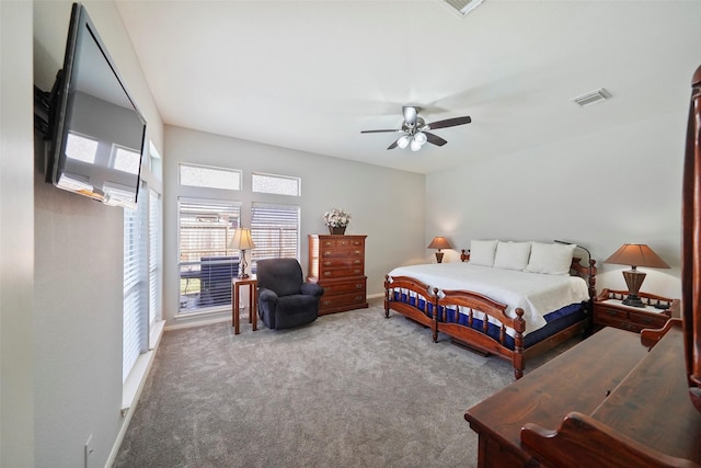 bedroom with ceiling fan and carpet floors