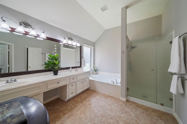 bathroom featuring vanity, tile patterned flooring, separate shower and tub, and lofted ceiling