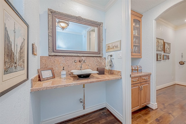 bathroom featuring ornamental molding, hardwood / wood-style floors, vanity, and decorative backsplash