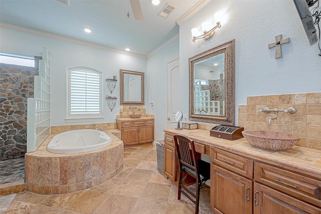 bathroom featuring vanity, crown molding, a wealth of natural light, and independent shower and bath