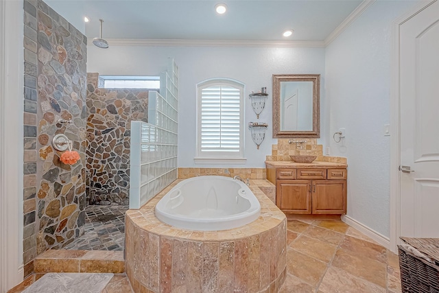 bathroom featuring crown molding, plenty of natural light, and separate shower and tub