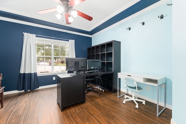 home office featuring ceiling fan and crown molding