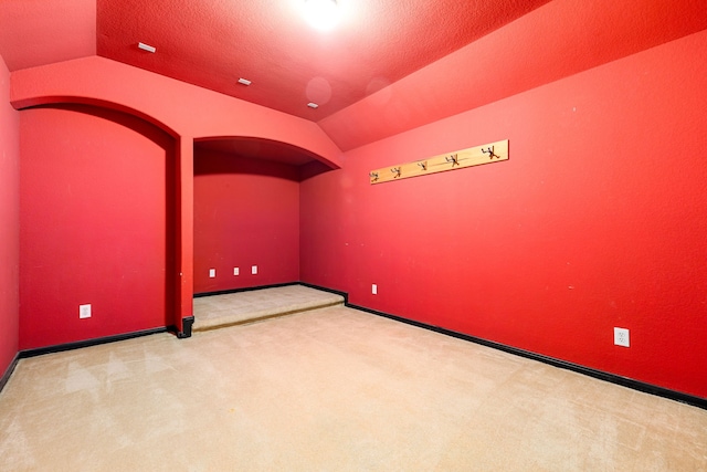 spare room with a textured ceiling, light carpet, and lofted ceiling