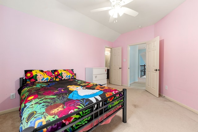 bedroom with ceiling fan, light carpet, and lofted ceiling