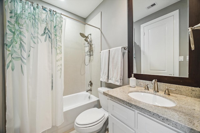 full bathroom featuring toilet, shower / tub combo, and vanity