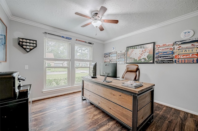 home office featuring ceiling fan, ornamental molding, dark wood-type flooring, and a textured ceiling