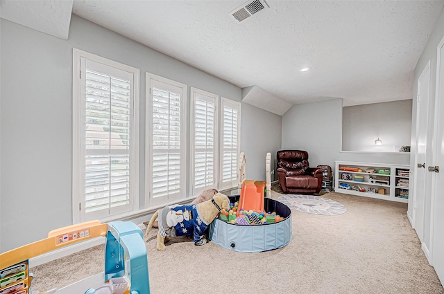 rec room featuring lofted ceiling, a textured ceiling, and carpet