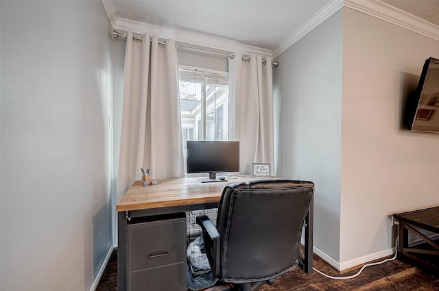 office featuring dark hardwood / wood-style flooring and crown molding