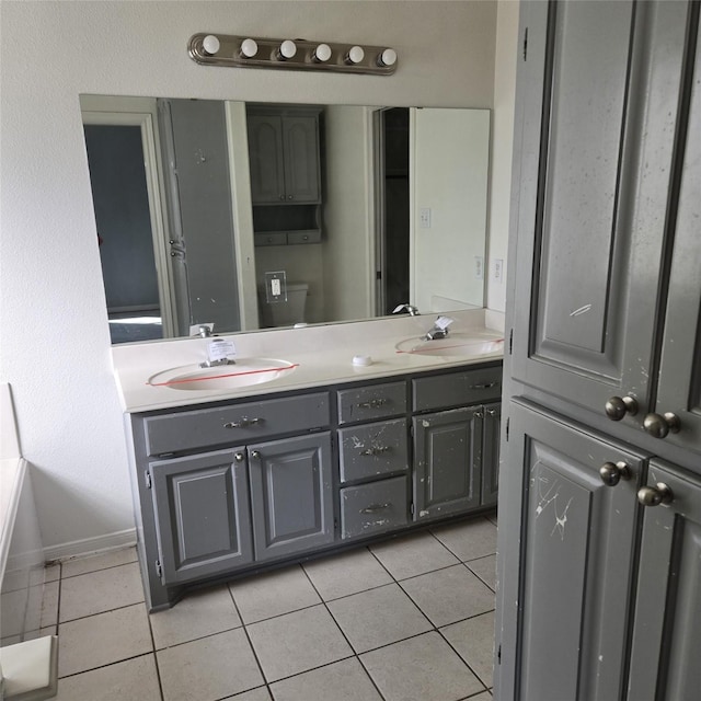 bathroom with vanity, toilet, and tile patterned floors