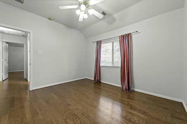 unfurnished room with vaulted ceiling, ceiling fan, and dark hardwood / wood-style flooring