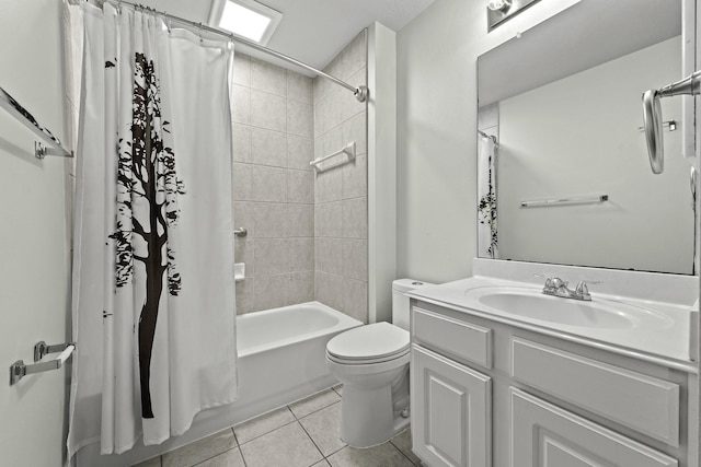 full bathroom with vanity, toilet, shower / bath combination with curtain, and tile patterned floors