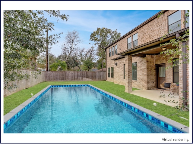 view of pool with a patio and a yard