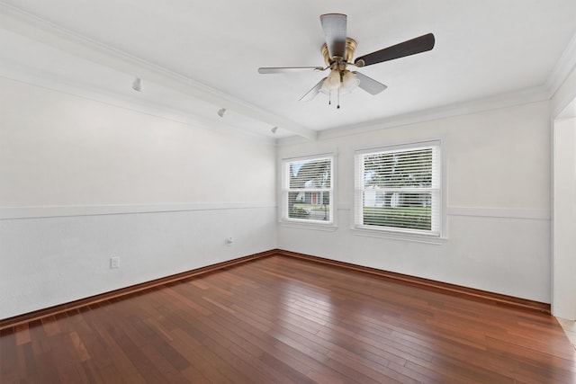 unfurnished room with ceiling fan, hardwood / wood-style floors, and crown molding