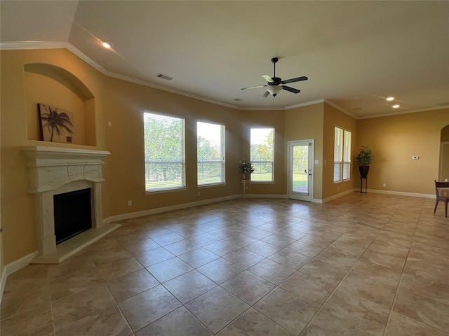 unfurnished living room featuring ceiling fan, ornamental molding, light tile patterned floors, and lofted ceiling