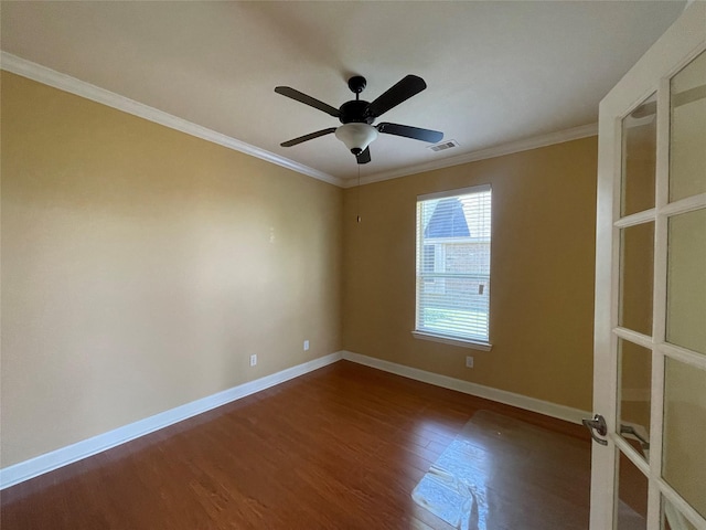 unfurnished room featuring ceiling fan, french doors, crown molding, and wood-type flooring