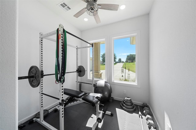 exercise area featuring ceiling fan