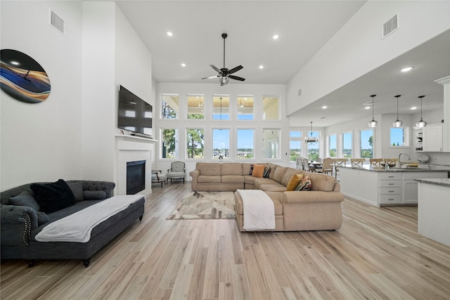 living room with light hardwood / wood-style floors, sink, plenty of natural light, and a towering ceiling