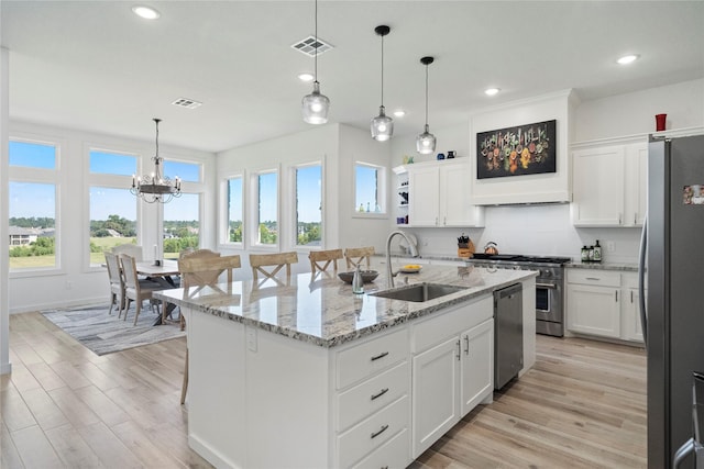 kitchen featuring pendant lighting, white cabinets, appliances with stainless steel finishes, an island with sink, and sink