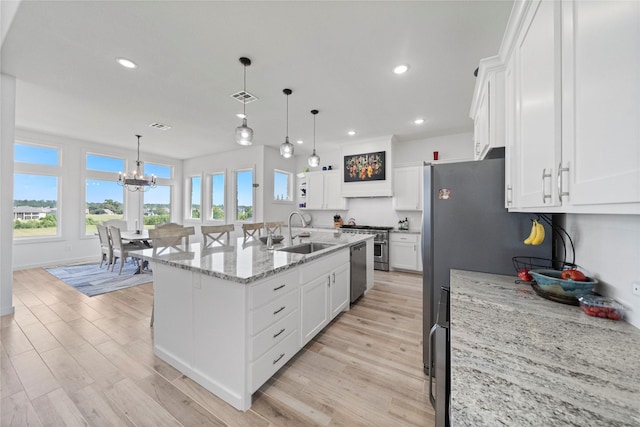 kitchen featuring a kitchen island with sink, white cabinets, sink, pendant lighting, and stainless steel appliances