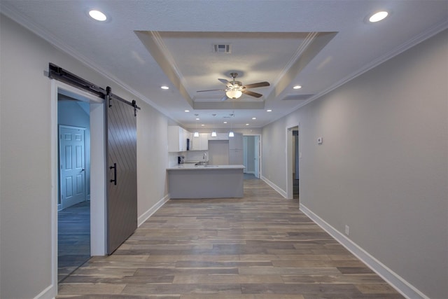 hallway featuring sink, a barn door, crown molding, and a tray ceiling