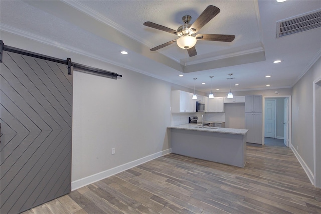 kitchen featuring white cabinetry, a barn door, a raised ceiling, ornamental molding, and kitchen peninsula