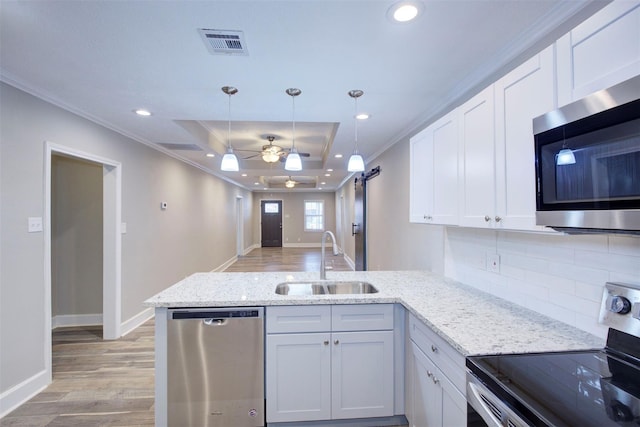 kitchen with appliances with stainless steel finishes, a barn door, sink, white cabinets, and ornamental molding