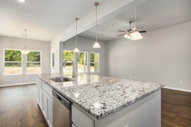 kitchen with dishwasher, white cabinetry, a kitchen island with sink, sink, and dark wood-type flooring