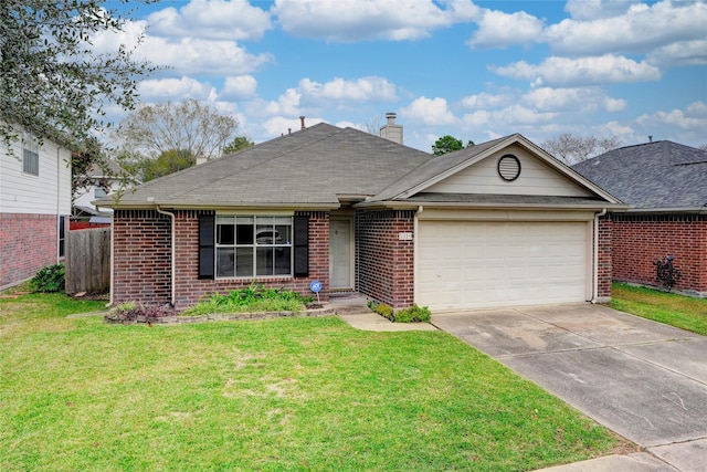 ranch-style house with a garage and a front yard