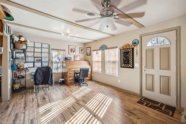 office space with ceiling fan and light hardwood / wood-style floors