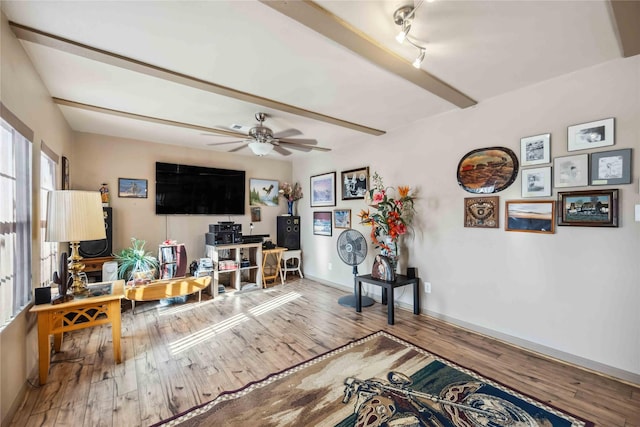 living room with ceiling fan, beam ceiling, and wood-type flooring