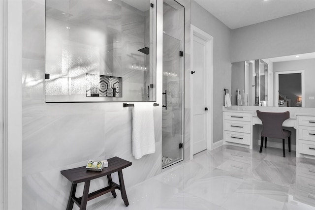 bathroom with a shower with shower door