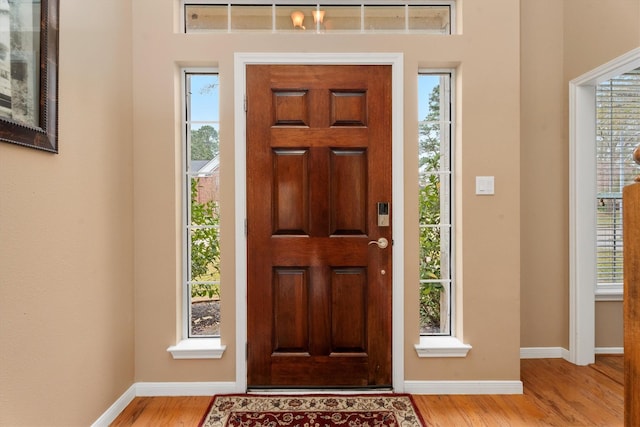 entrance foyer with plenty of natural light and light hardwood / wood-style flooring