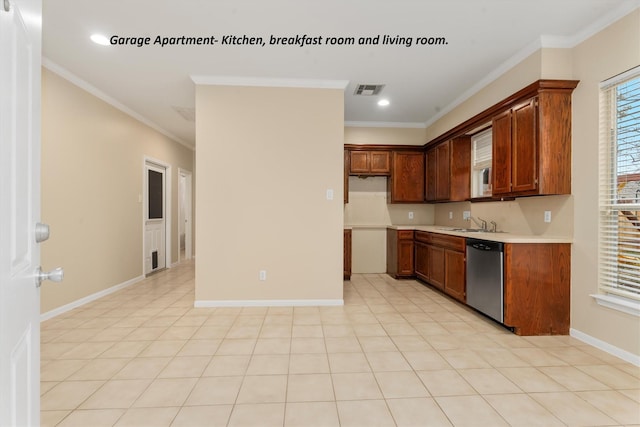 kitchen with dishwasher, sink, and crown molding