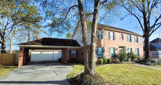 colonial-style house with a garage and a front lawn