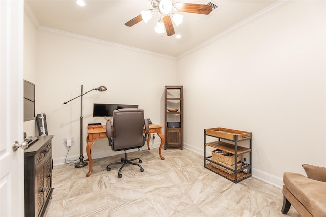 office space with ceiling fan and crown molding