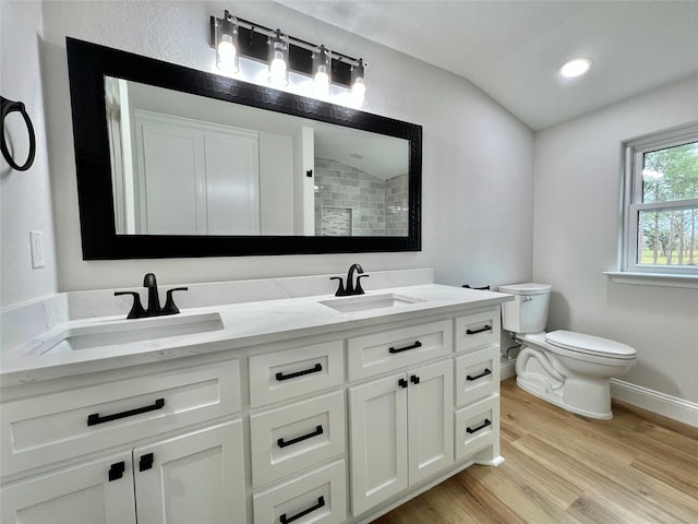 bathroom with a shower with door, hardwood / wood-style flooring, toilet, vanity, and lofted ceiling