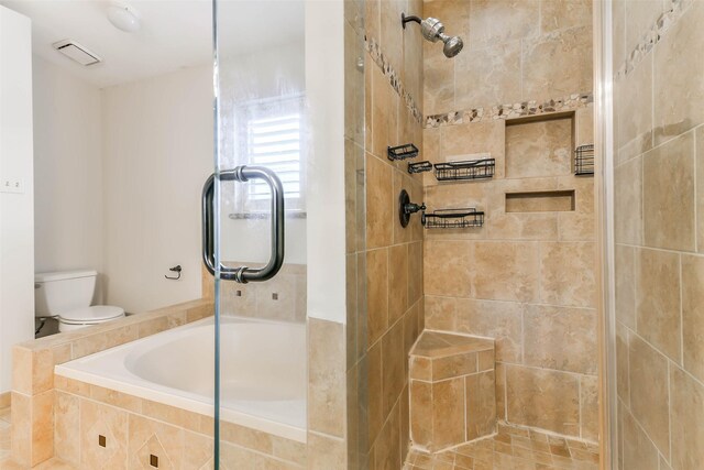 bathroom with toilet and separate shower and tub