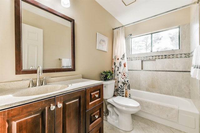 full bathroom featuring vanity, toilet, shower / tub combo with curtain, and tile patterned flooring