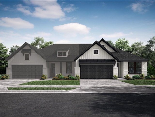 modern inspired farmhouse featuring a garage, driveway, brick siding, and roof with shingles